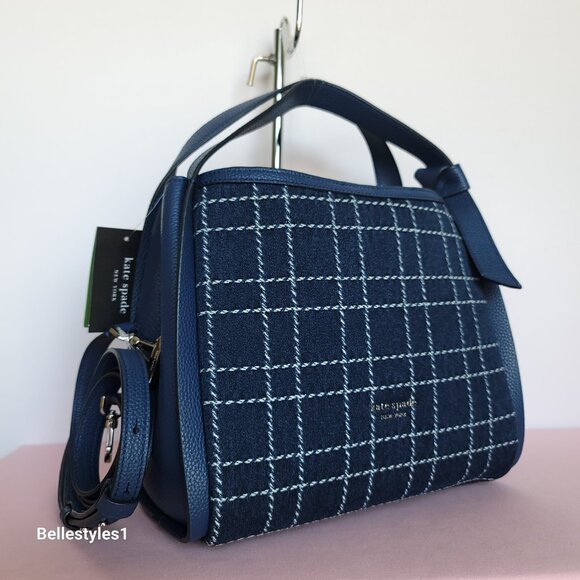 KATE SPADE Knott MEDIUM Denim Check & Leather Crossbody Tote- Indigo Multi⭐ - Picture 3 of 16